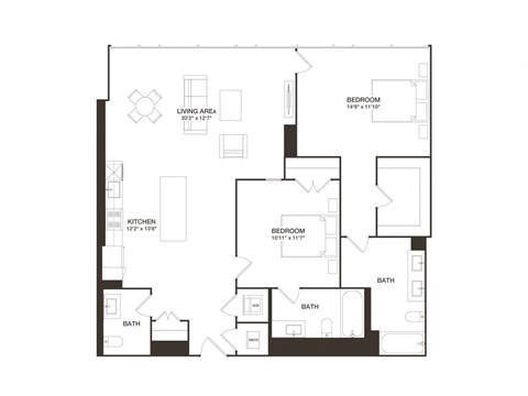 Floor plan for 2 beds, 2.5 baths, 1295 sqft